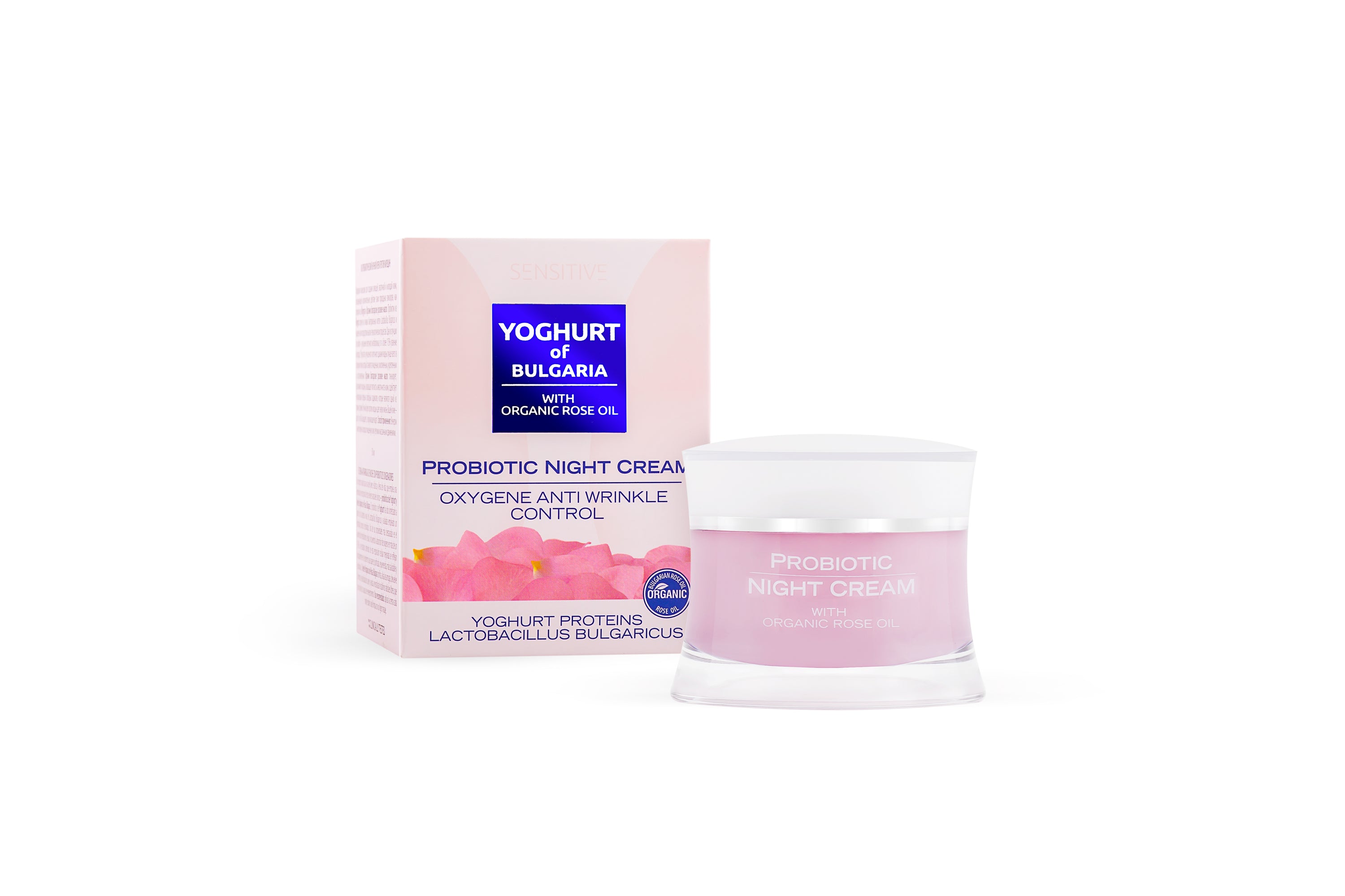 Probiotic Anti-Age Night Cream Yoghurt of Bulgaria in a 50ml jar, featuring a creamy texture and elegant packaging with natural rose oil.