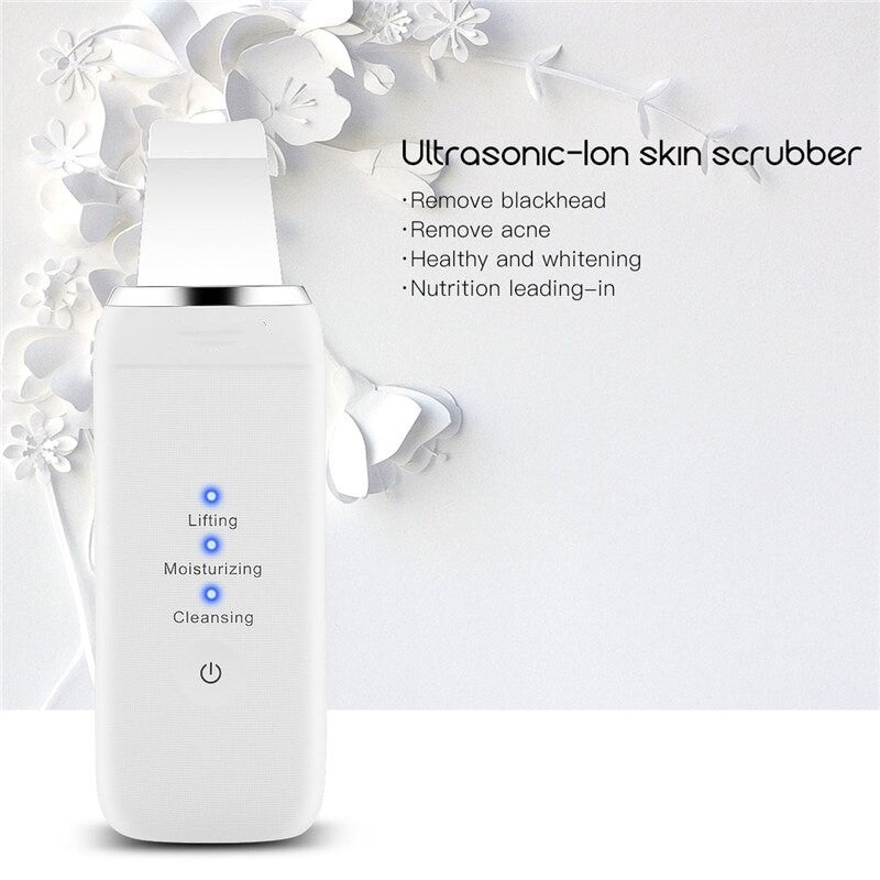 Professional Ultrasonic Skin Scrubber for deep face cleaning and exfoliation, featuring a sleek design and USB charging capability.