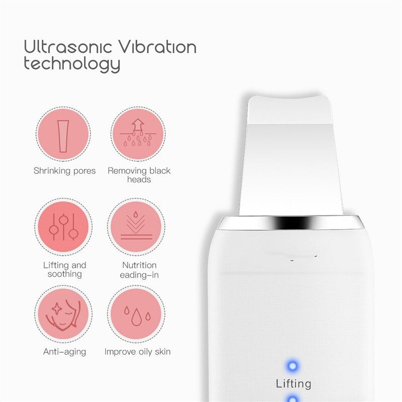 Professional Ultrasonic Skin Scrubber for deep face cleaning and exfoliation, featuring a sleek design and USB charging capability.