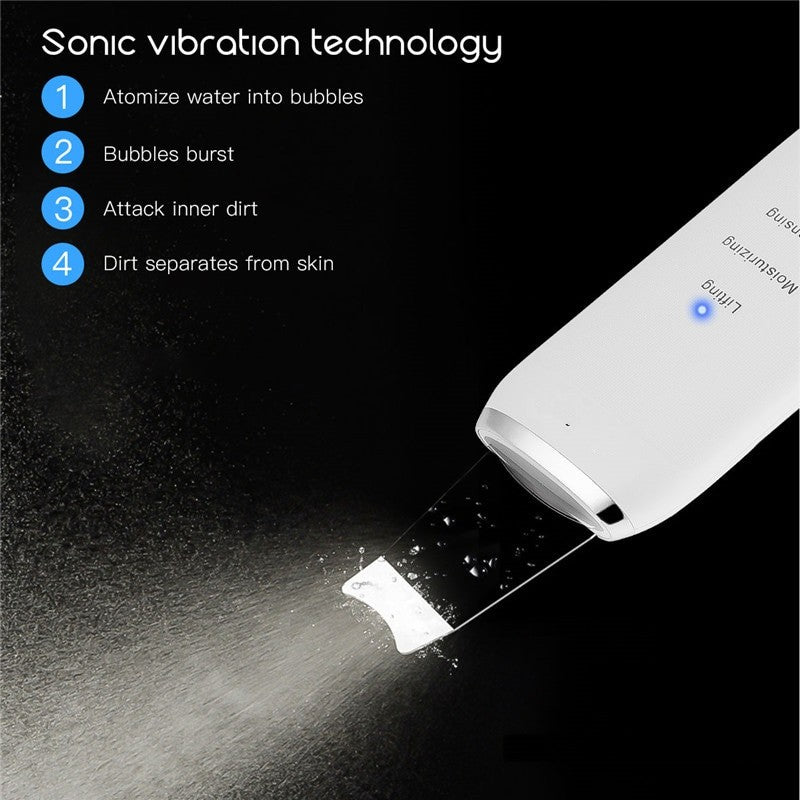 Professional Ultrasonic Skin Scrubber for deep face cleaning and exfoliation, featuring a sleek design and USB charging capability.