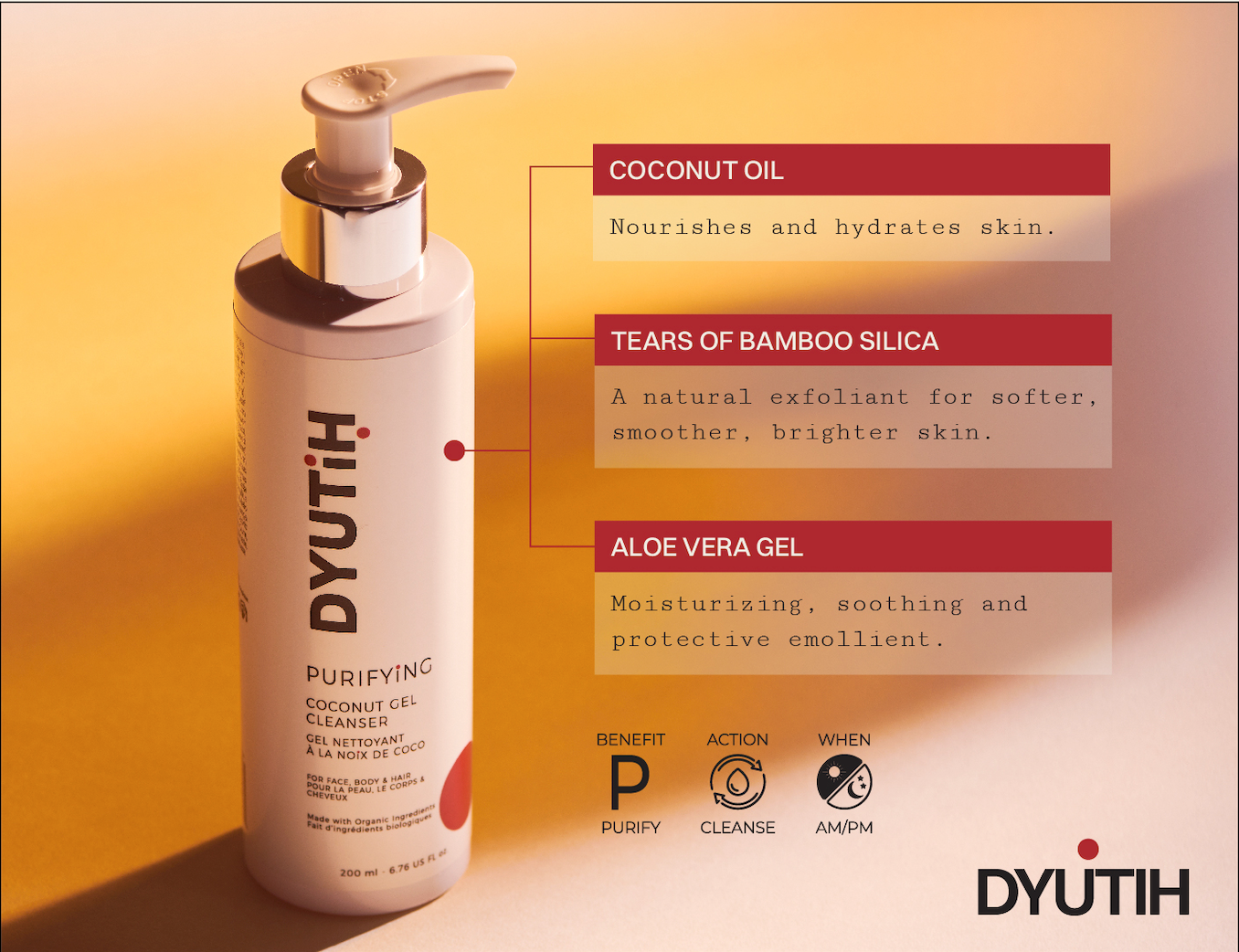 DYUTIH Organics PURIFYING Coconut Gel Cleanser in a sleek bottle, showcasing its natural ingredients like Coconut Oil and Aloe Vera.