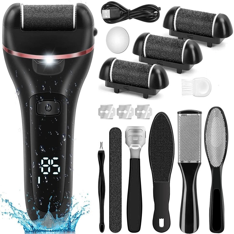 Rechargeable Electric Foot File Callus Remover Machine with LED light and detachable roller heads for effective foot care.