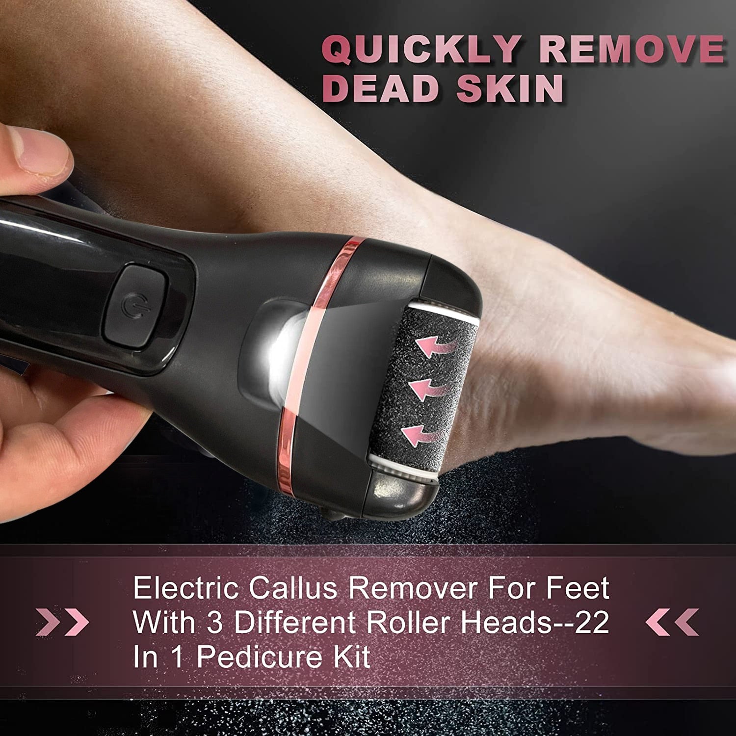 Rechargeable Electric Foot File Callus Remover Machine with LED light and detachable roller heads for effective foot care.