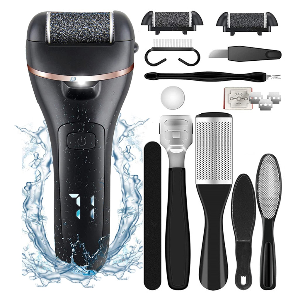 Rechargeable Electric Foot File Callus Remover Machine with LED light and detachable roller heads for effective foot care.