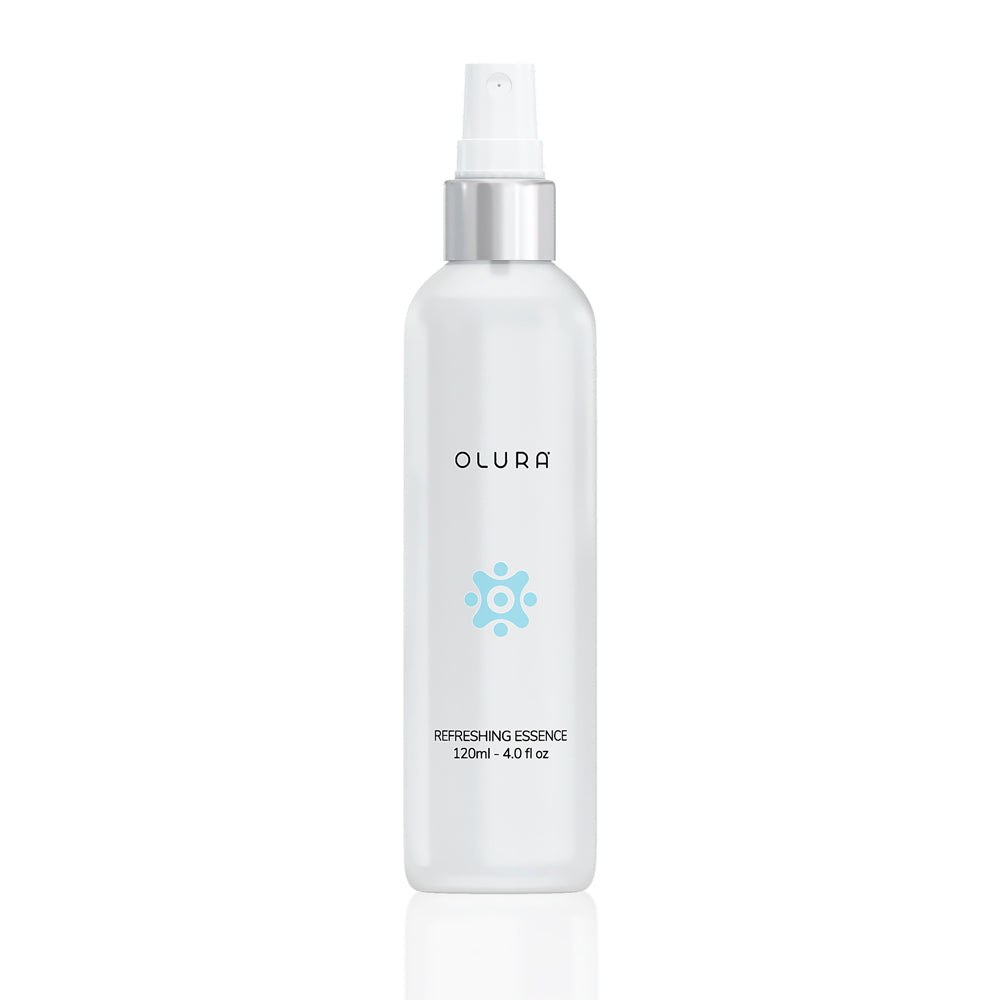 A bottle of REFRESHING ESSENCE, a hydrating skincare product with a sleek design, showcasing its lightweight formula.