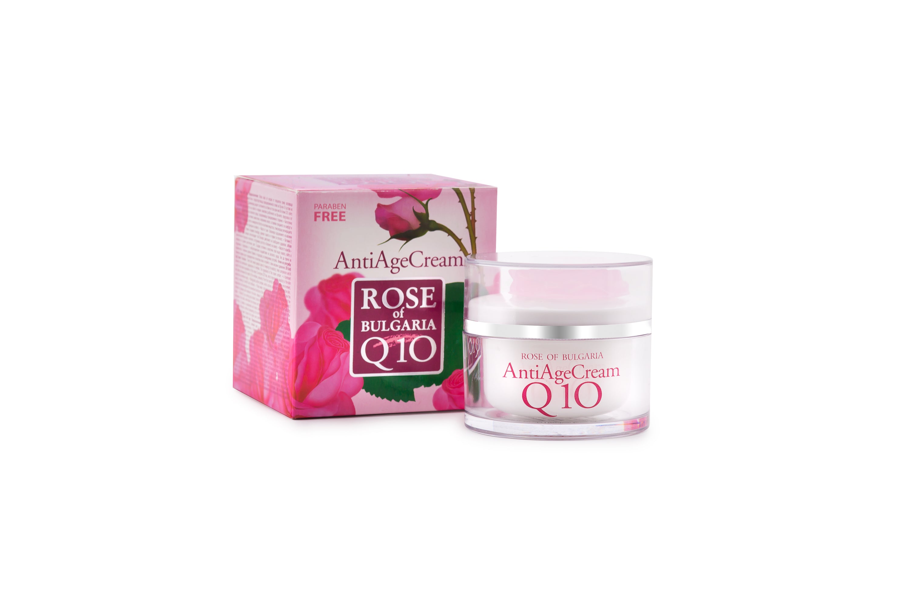 A jar of Biofresh Rejuvenating Face Cream with Rose Water and Q10, showcasing its elegant packaging and rich texture.