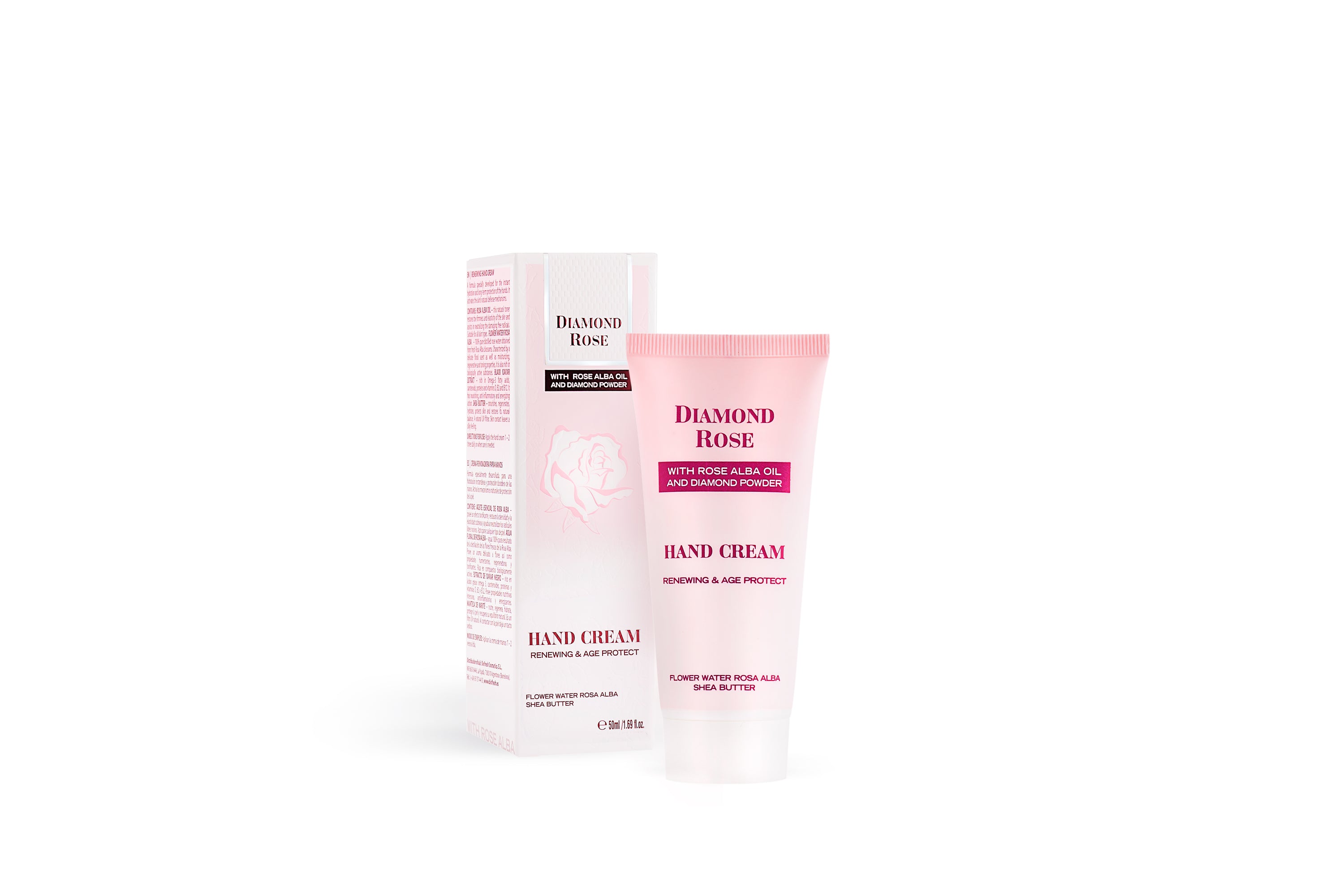 A 50 ml tube of Diamond Rose Biofresh Renewing Hand Cream with floral design, showcasing its luxurious and hydrating properties.