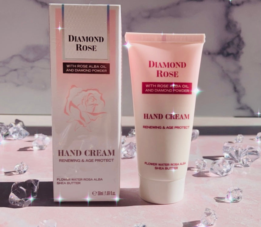 A 50 ml tube of Diamond Rose Biofresh Renewing Hand Cream with floral design, showcasing its luxurious and hydrating properties.