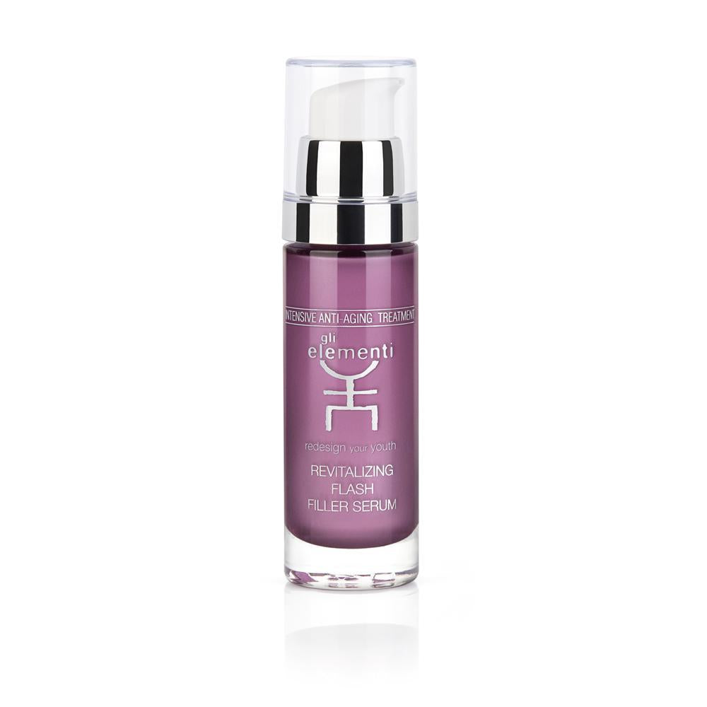 Revitalising flash filler serum in a sleek 30ml bottle, showcasing its advanced anti-aging formula.