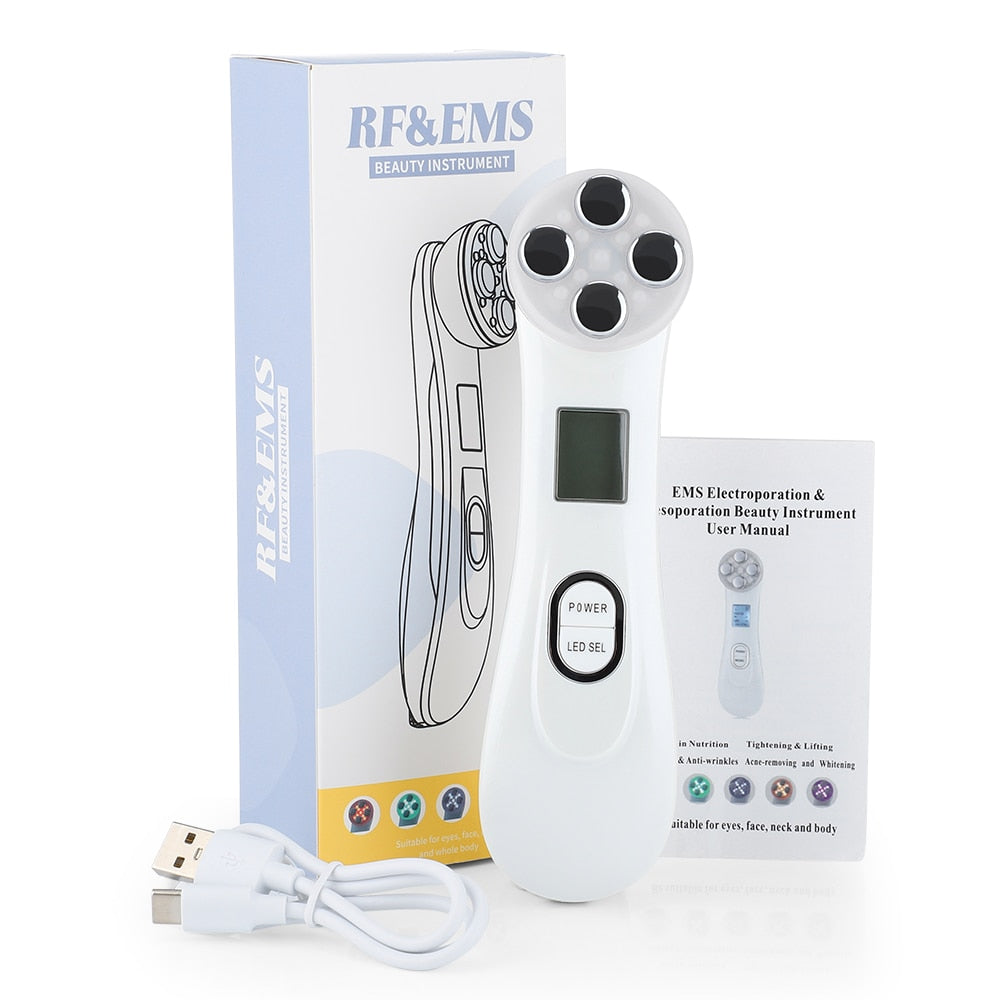 RF EMS Beauty Device showcasing its sleek design and color light features for skin rejuvenation.