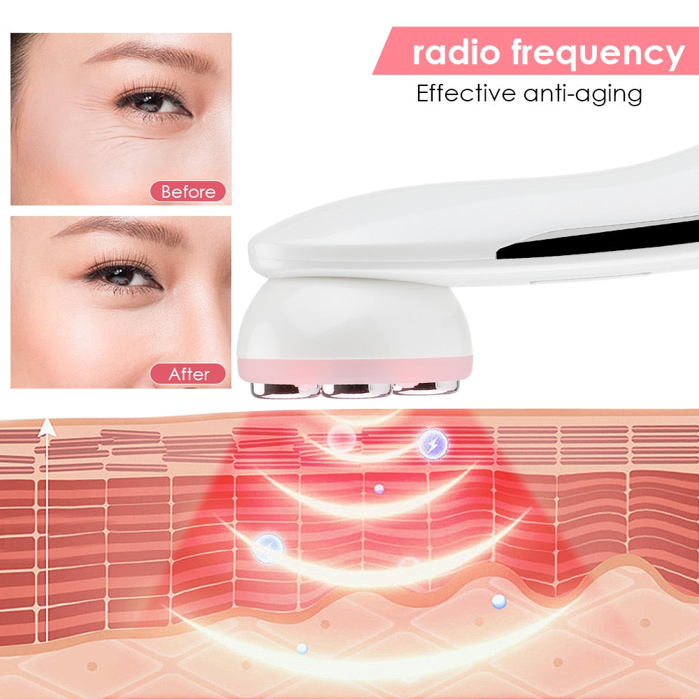 RF EMS Beauty Device showcasing its sleek design and color light features for skin rejuvenation.