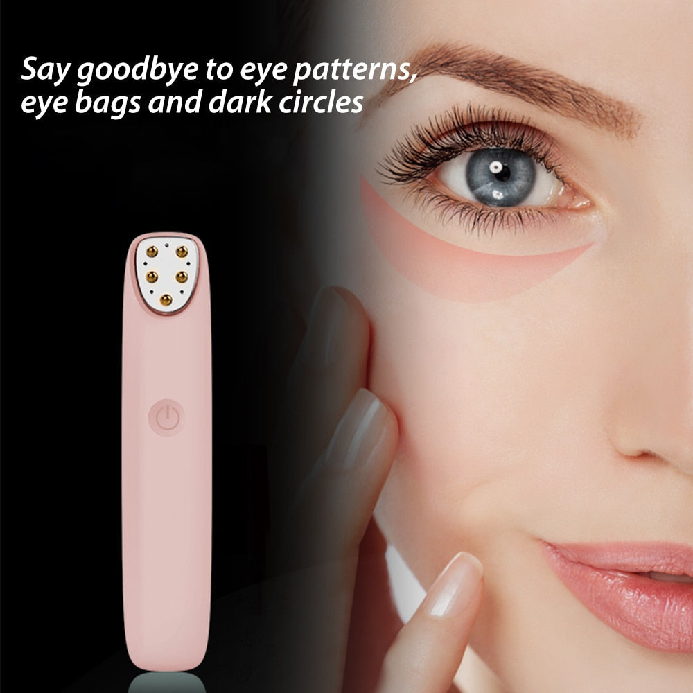 RF Radio Frequency Eye Massager in pink color, designed for anti-aging and wrinkle reduction, featuring a sleek and ergonomic design.