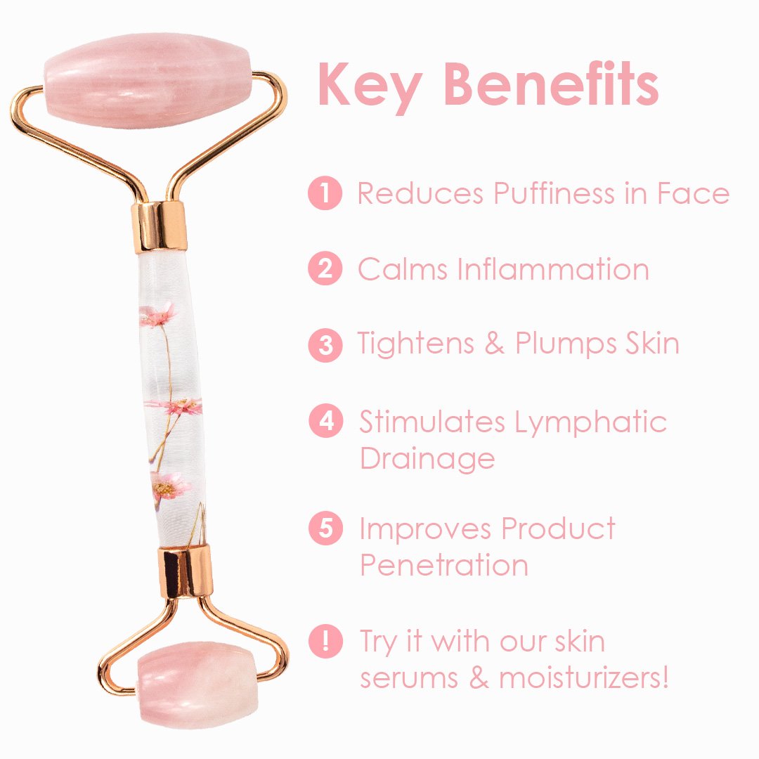 A beautifully designed Rose Quartz Roller with natural rose quartz beads, showcasing its elegant and functional design for skincare.