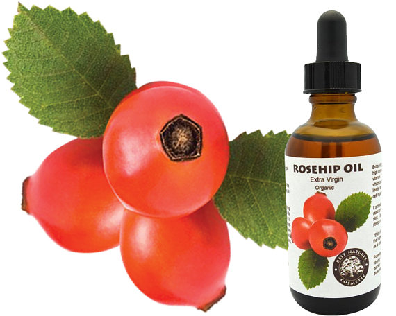 A bottle of organic Rosehip Seed Oil with a light reddish hue, showcasing its luxurious texture and earthy scent, ideal for skincare.