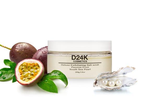 D24K Deluxe Salt Scrub Passion Fruit with vibrant packaging and natural ingredients, showcasing its refreshing properties.