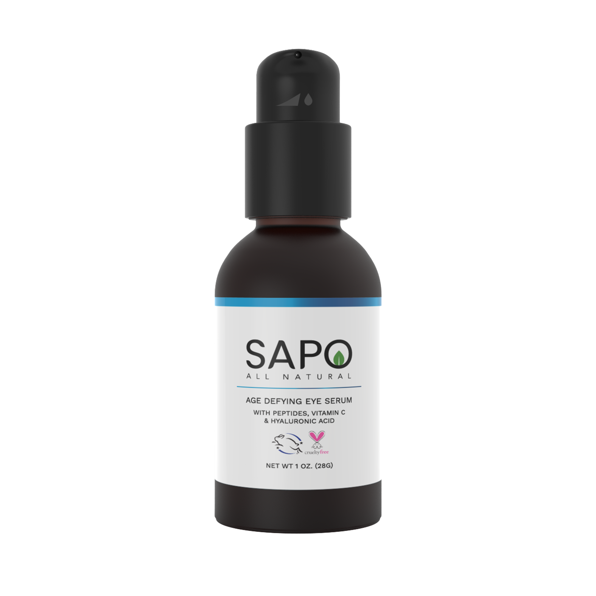 Sapo All Natural Eye Serum bottle with chamomile flower and citrus oil ingredients displayed elegantly.