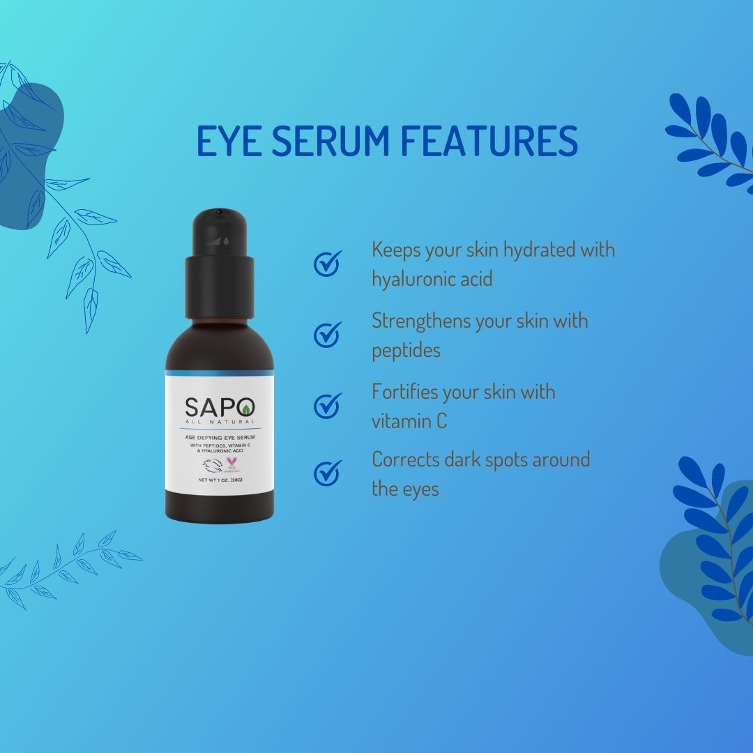 Sapo All Natural Eye Serum bottle with chamomile flower and citrus oil ingredients displayed elegantly.