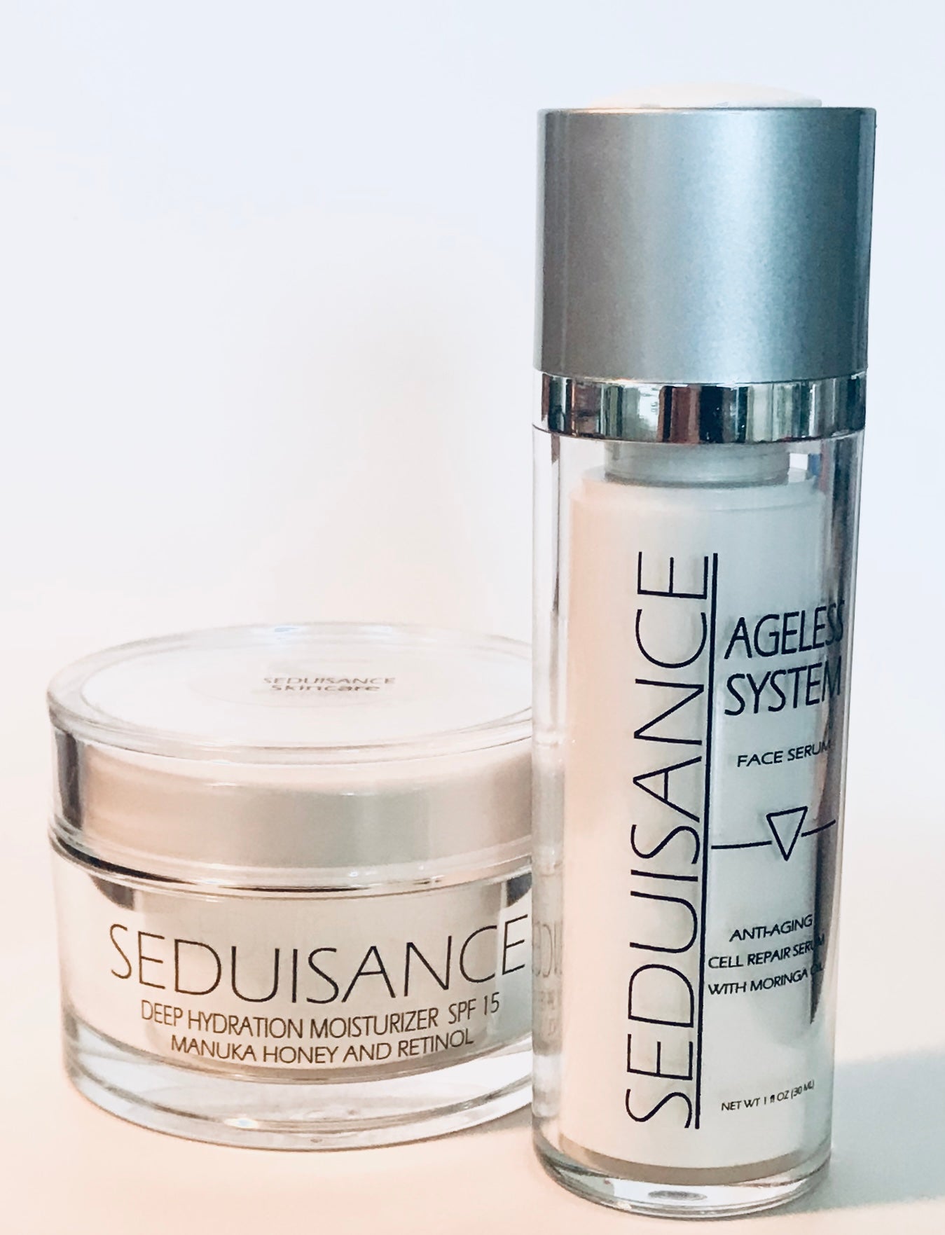 SEDUISANCE Day Moisturizing Duo featuring Ageless System Face Serum and Deep Hydration Moisturizer with Manuka Honey and Retinol.