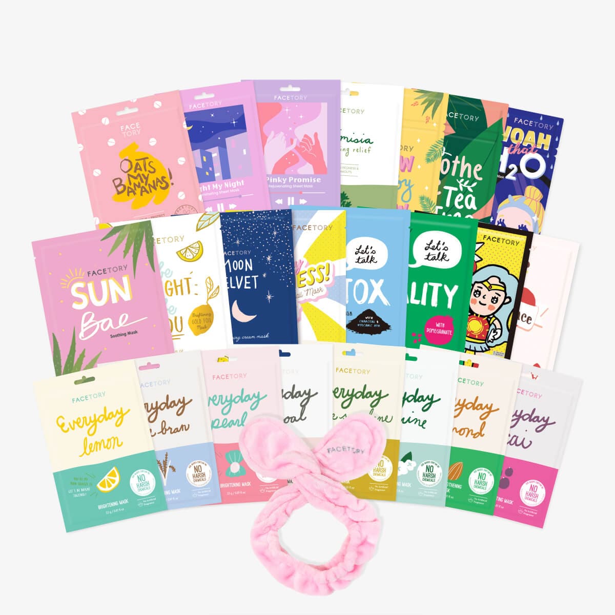 A collection of 23 colorful facial sheet masks and a stylish spa hairband, perfect for skincare enthusiasts.