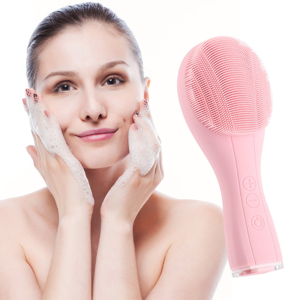 Silicone Facial Cleansing Brush in pink color, designed for deep cleansing and facial massage, featuring ergonomic design and multiple cleaning modes.