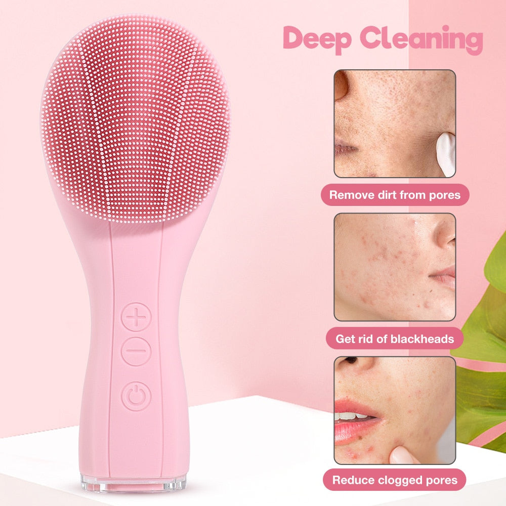 Silicone Facial Cleansing Brush in pink color, designed for deep cleansing and facial massage, featuring ergonomic design and multiple cleaning modes.