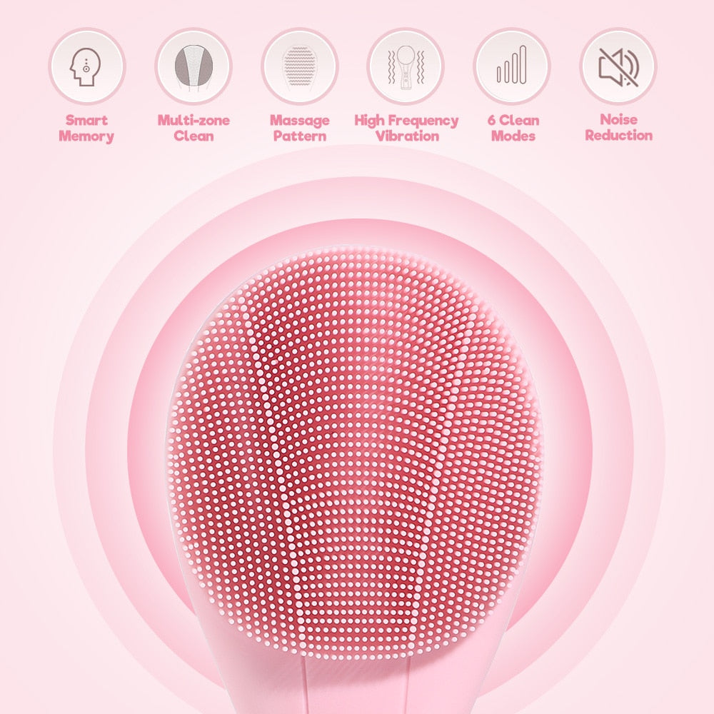 Silicone Facial Cleansing Brush in pink color, designed for deep cleansing and facial massage, featuring ergonomic design and multiple cleaning modes.