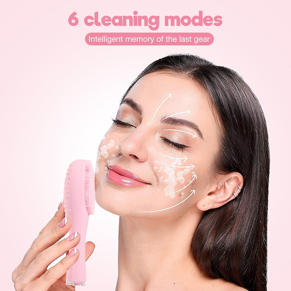 Silicone Facial Cleansing Brush in pink color, designed for deep cleansing and facial massage, featuring ergonomic design and multiple cleaning modes.