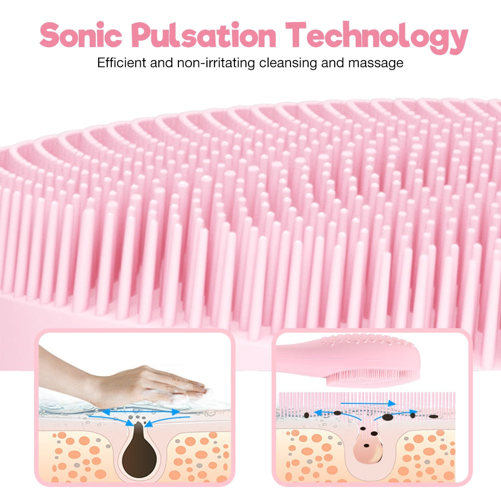 Silicone Facial Cleansing Brush in pink color, designed for deep cleansing and facial massage, featuring ergonomic design and multiple cleaning modes.