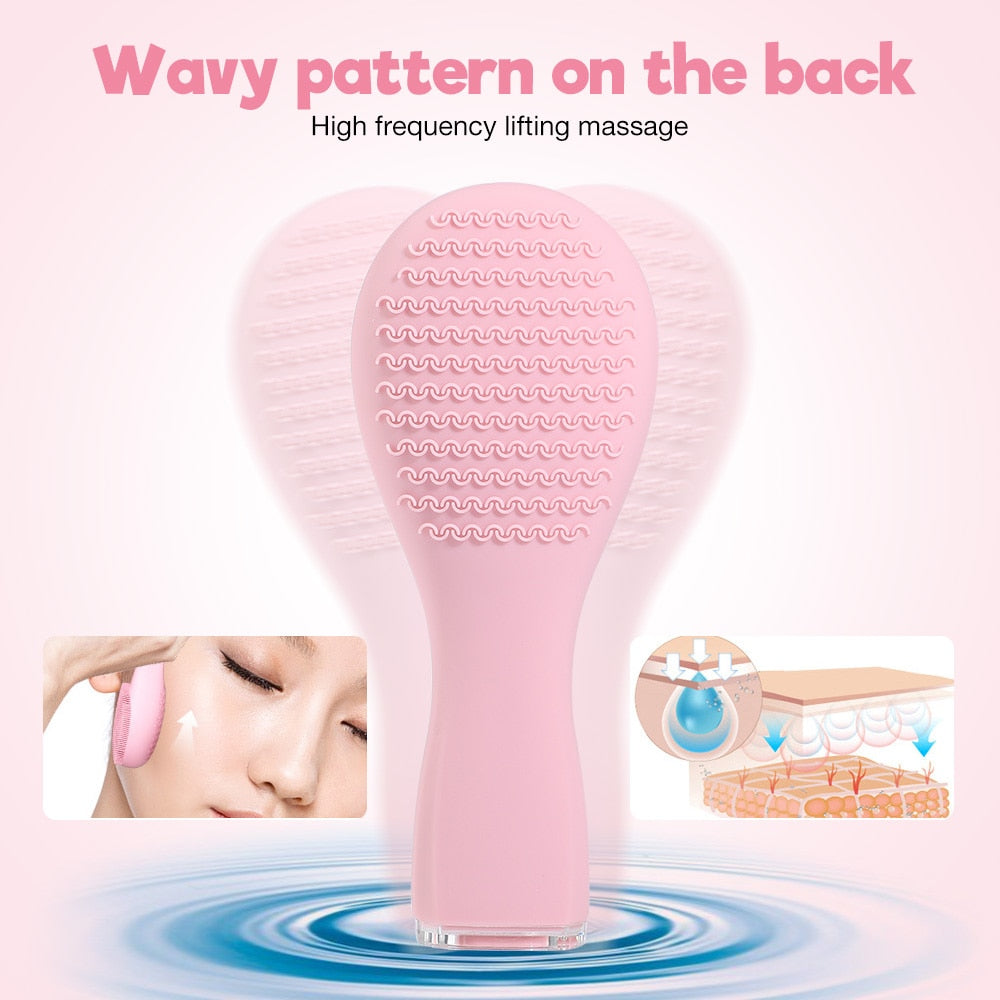 Silicone Facial Cleansing Brush in pink color, designed for deep cleansing and facial massage, featuring ergonomic design and multiple cleaning modes.