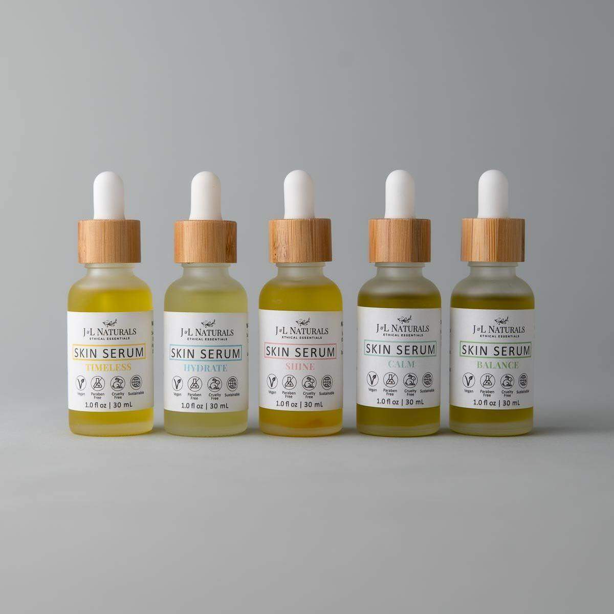 Skin Serum Bundle featuring five natural serums for various skin types, each in a 1.0 fl oz bottle.