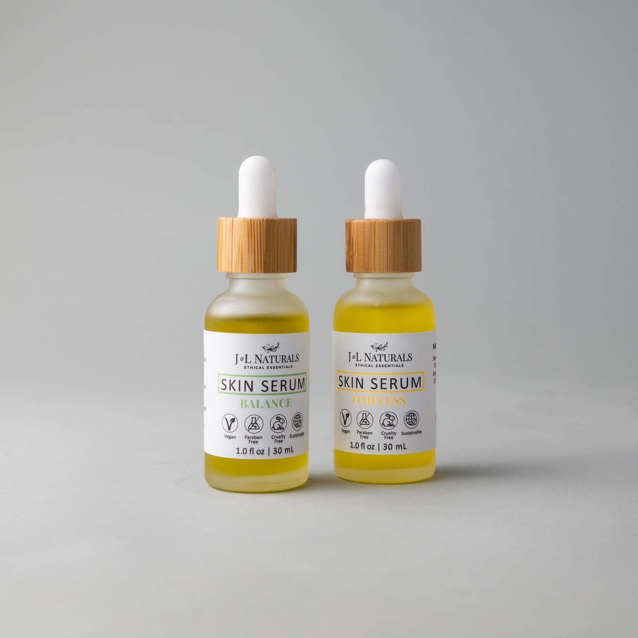 Skin Serum Duo featuring two 1.0 fl oz bottles with natural ingredients for various skin types.