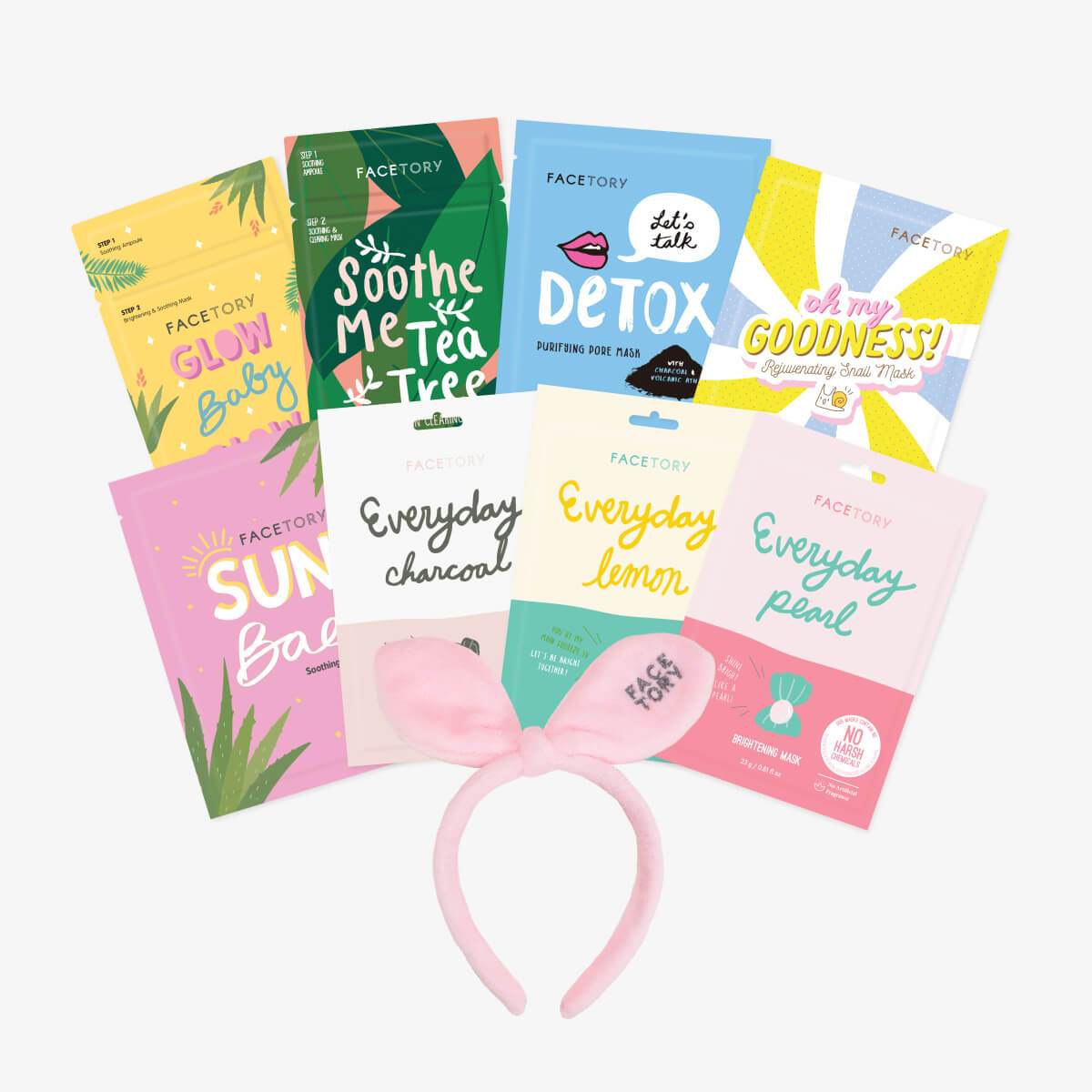 Skin Type Sheet Mask Collection featuring 8 masks and a Bow Bunny Hairband, ideal for various skin types.