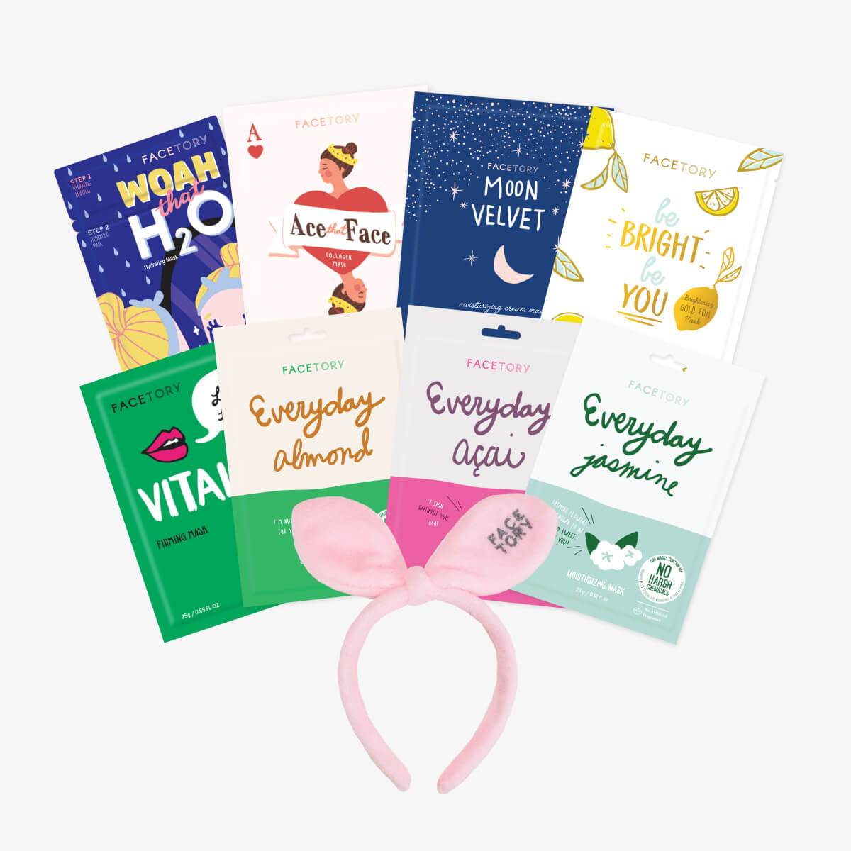 Skin Type Sheet Mask Collection featuring 8 masks and a Bow Bunny Hairband, ideal for various skin types.