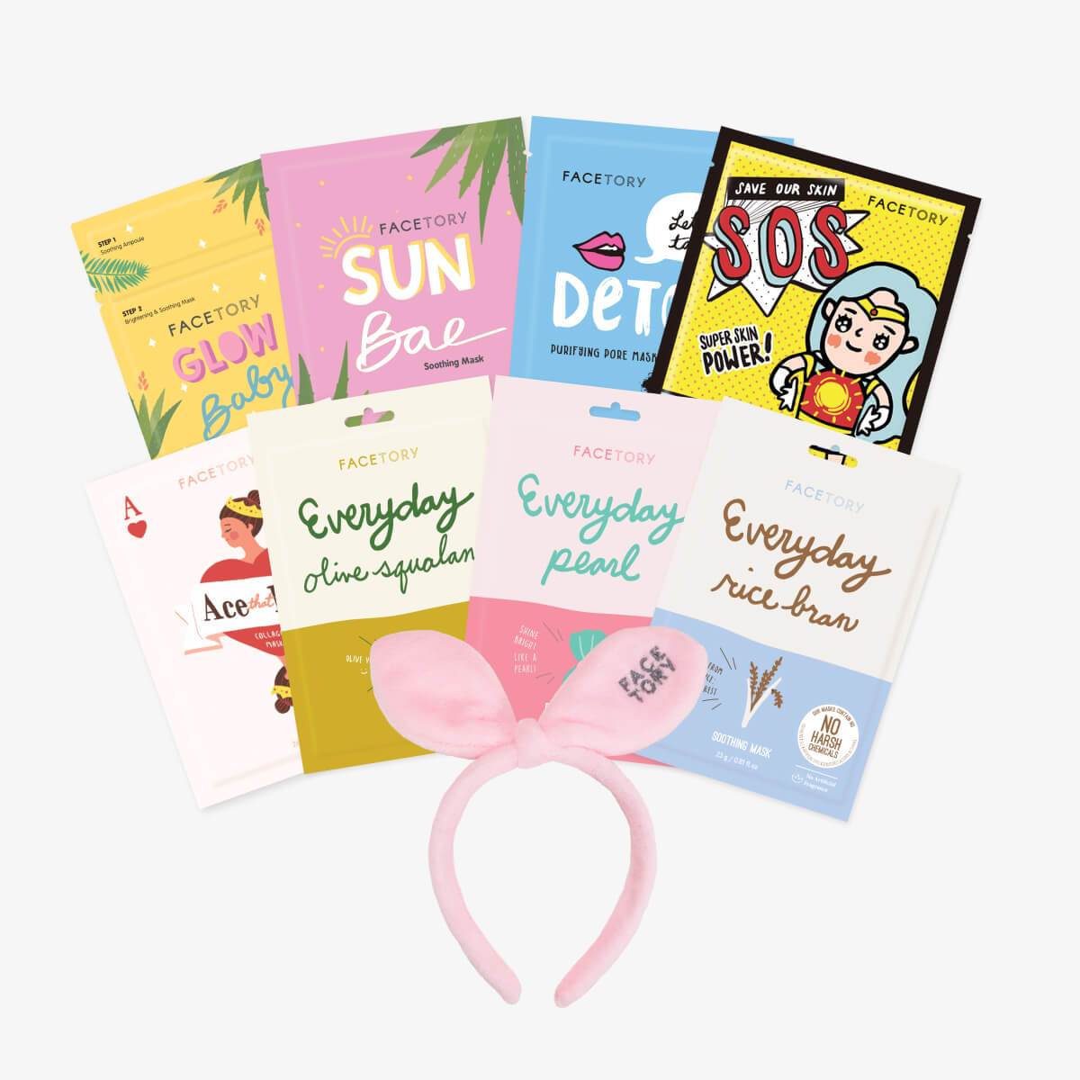 Skin Type Sheet Mask Collection featuring 8 masks and a Bow Bunny Hairband, ideal for various skin types.