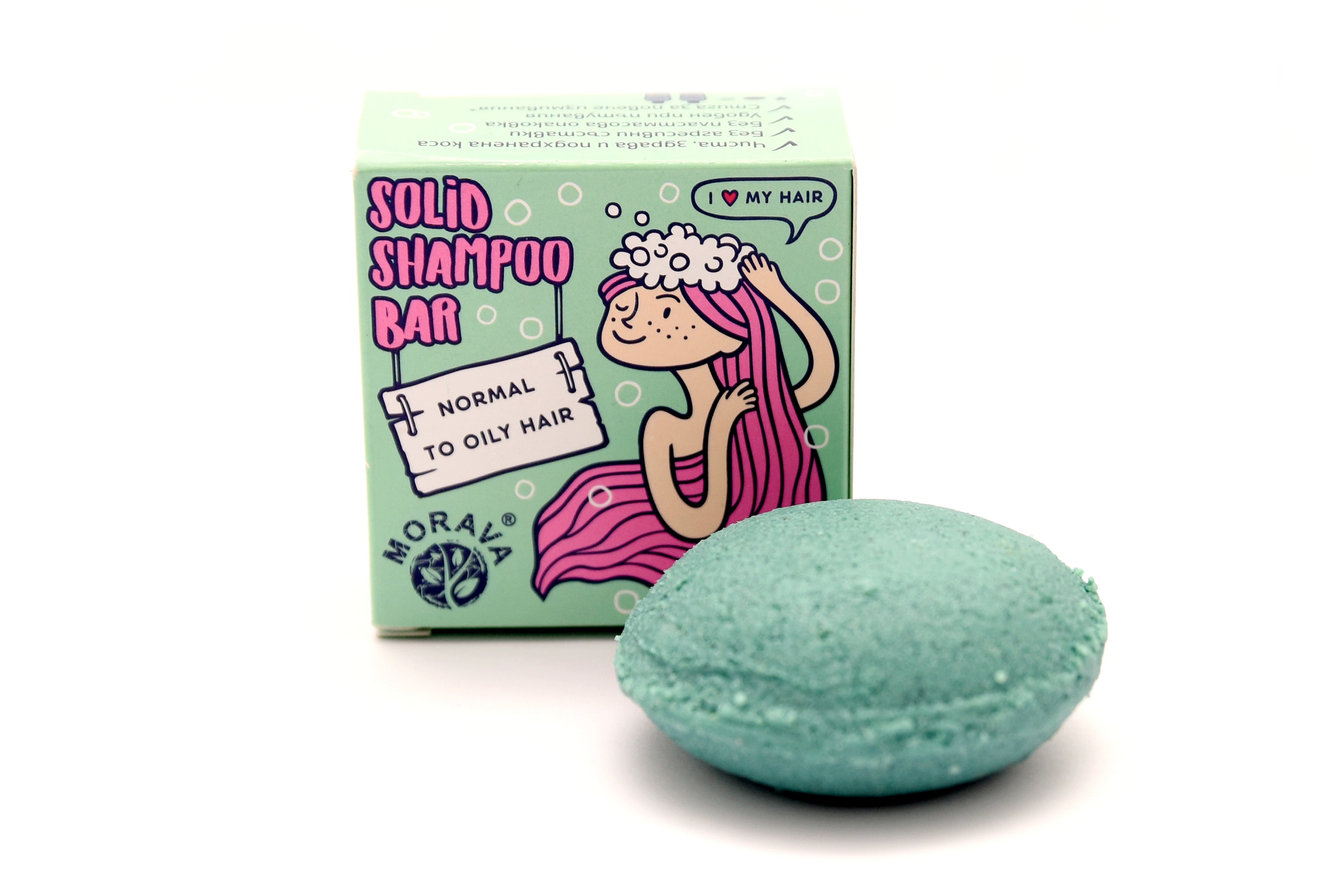 Solid shampoo bar for normal to oily hair, featuring natural ingredients like clay and coconut oil, presented in a compact and eco-friendly design.