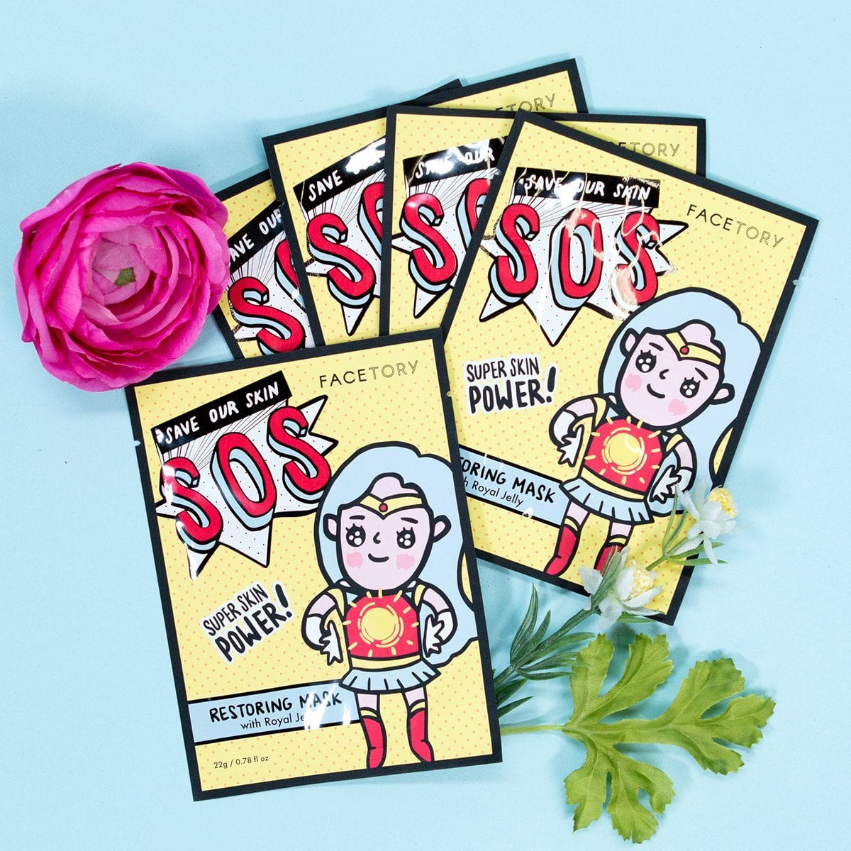 SOS Royal Jelly Sheet Mask showcasing its packaging and design, emphasizing skincare benefits.