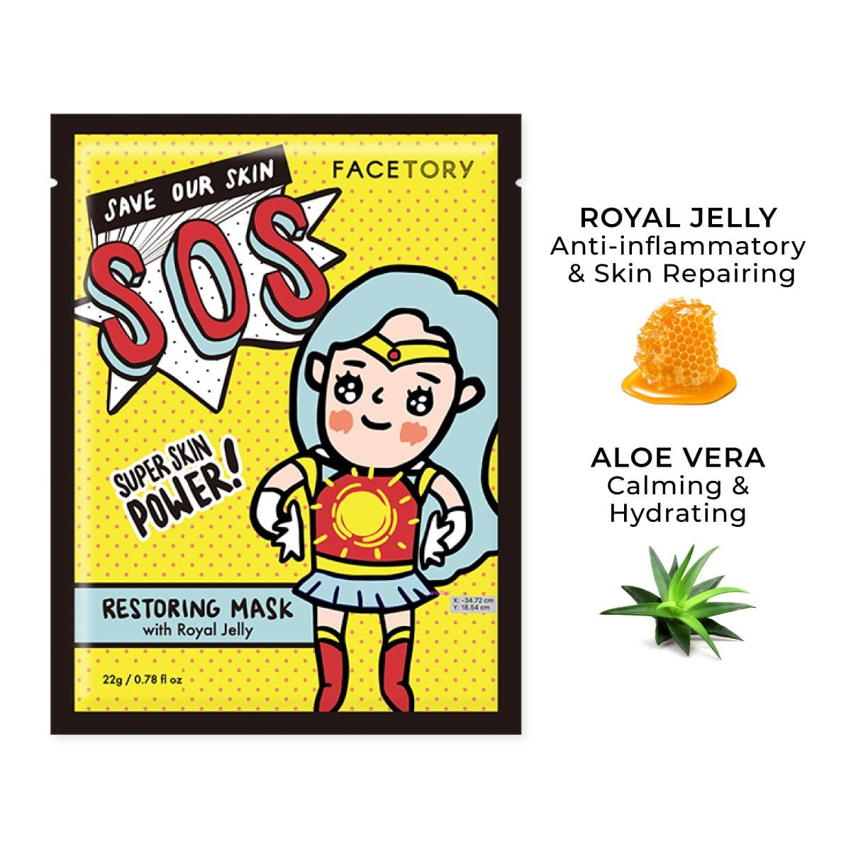 SOS Royal Jelly Sheet Mask showcasing its packaging and design, emphasizing skincare benefits.