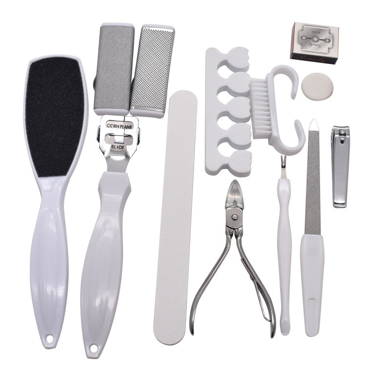 A complete 13-piece stainless steel pedicure set designed for removing dead skin and calluses, featuring various tools including grinding stones.