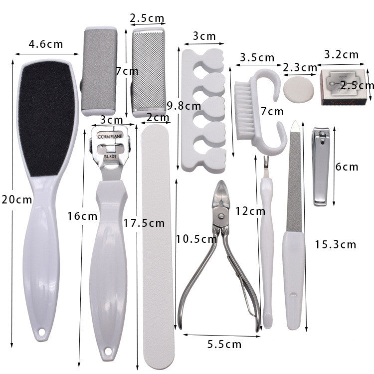 A complete 13-piece stainless steel pedicure set designed for removing dead skin and calluses, featuring various tools including grinding stones.