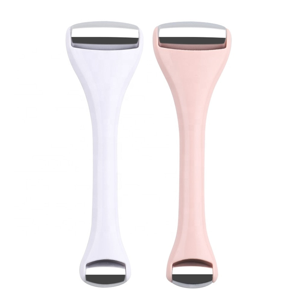 Stainless Steel Dual-ended Facial Massage Roller with two heads for face and eye massage, designed for soothing and revitalizing skin.