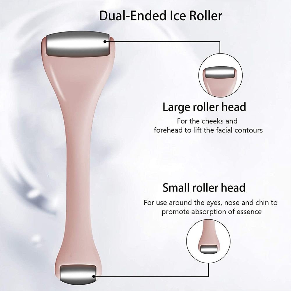 Stainless Steel Dual-ended Facial Massage Roller with two heads for face and eye massage, designed for soothing and revitalizing skin.