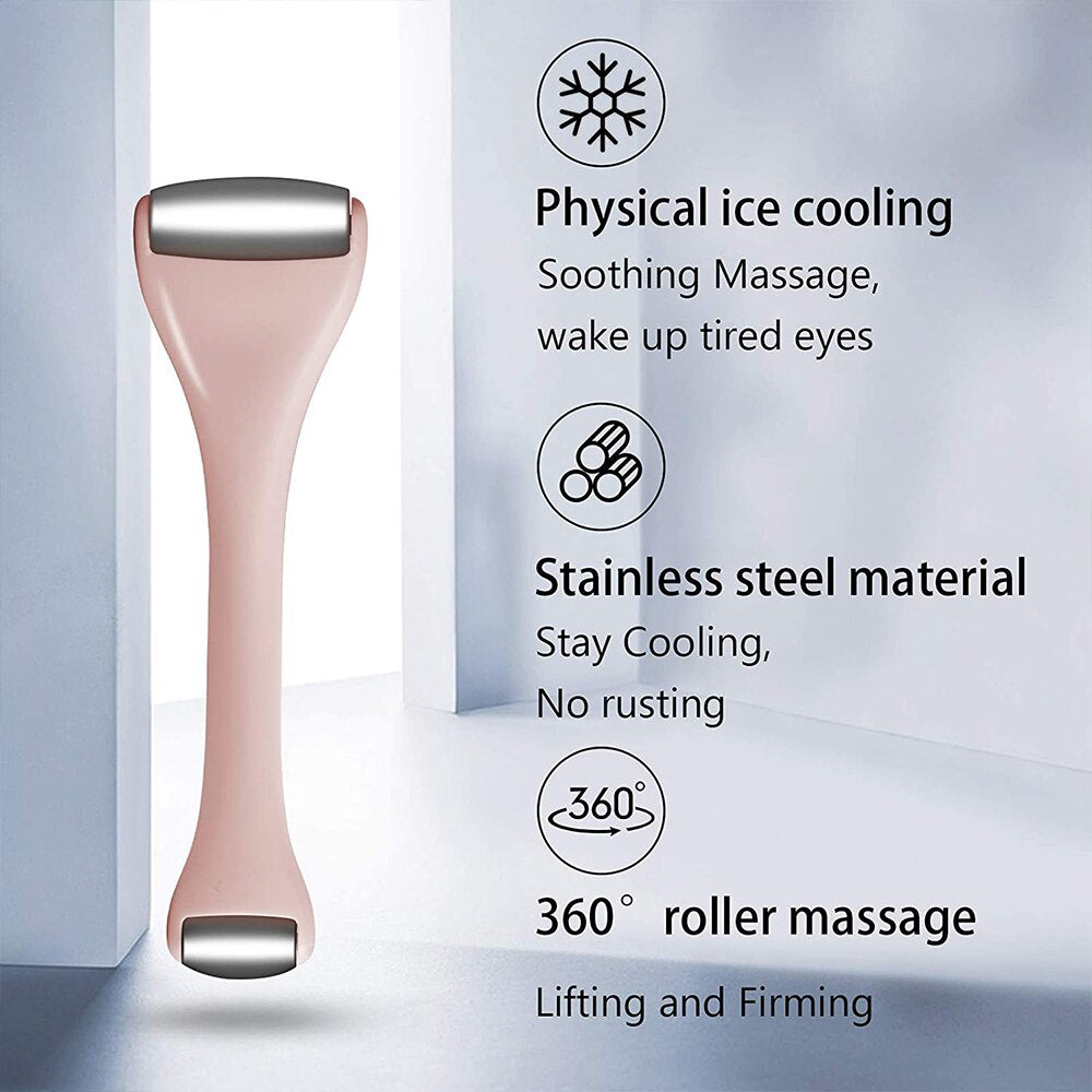 Stainless Steel Dual-ended Facial Massage Roller with two heads for face and eye massage, designed for soothing and revitalizing skin.