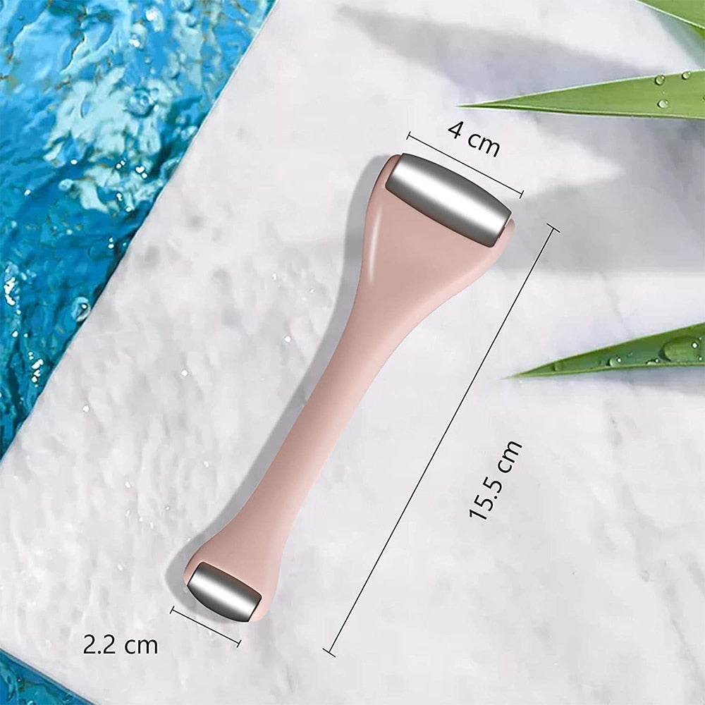 Stainless Steel Dual-ended Facial Massage Roller with two heads for face and eye massage, designed for soothing and revitalizing skin.