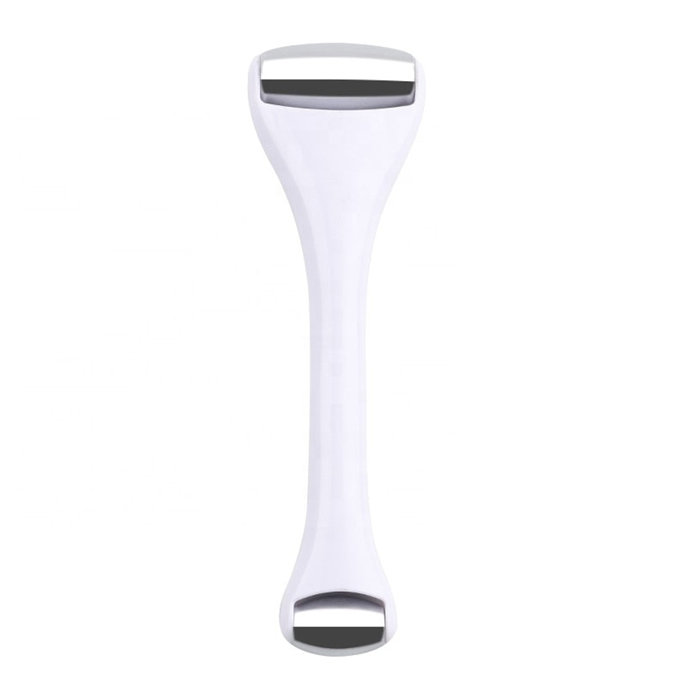 Stainless Steel Dual-ended Facial Massage Roller with two heads for face and eye massage, designed for soothing and revitalizing skin.