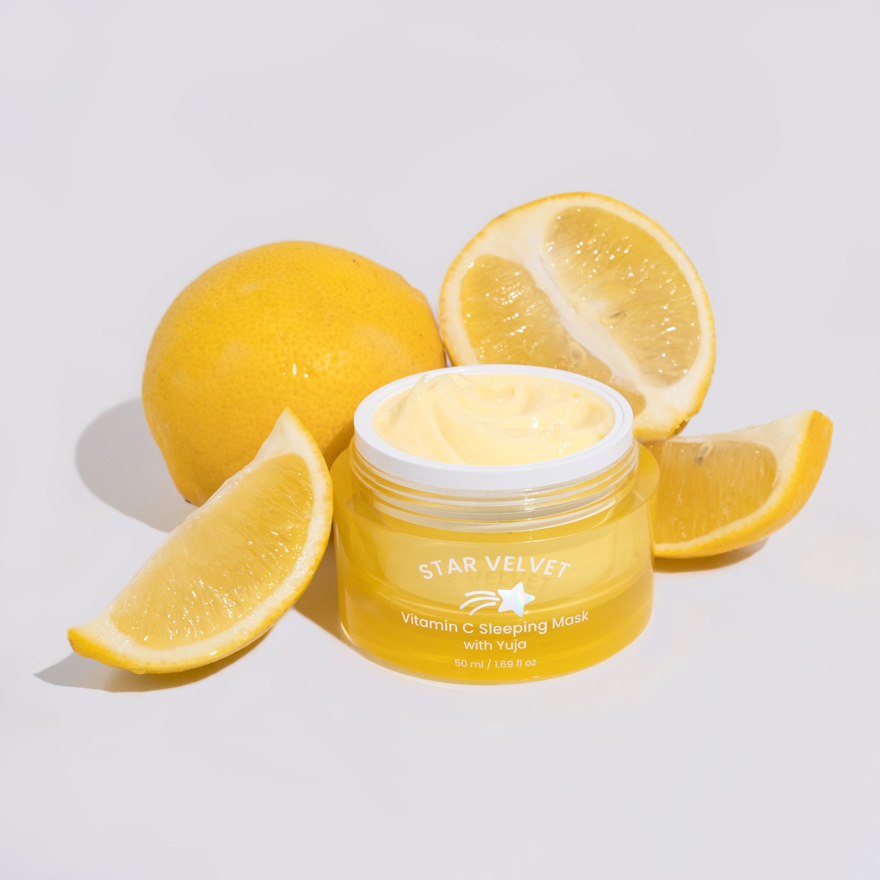 Star Velvet Vitamin C Sleeping Mask with Yuja in a jar, showcasing its creamy texture and bright packaging.