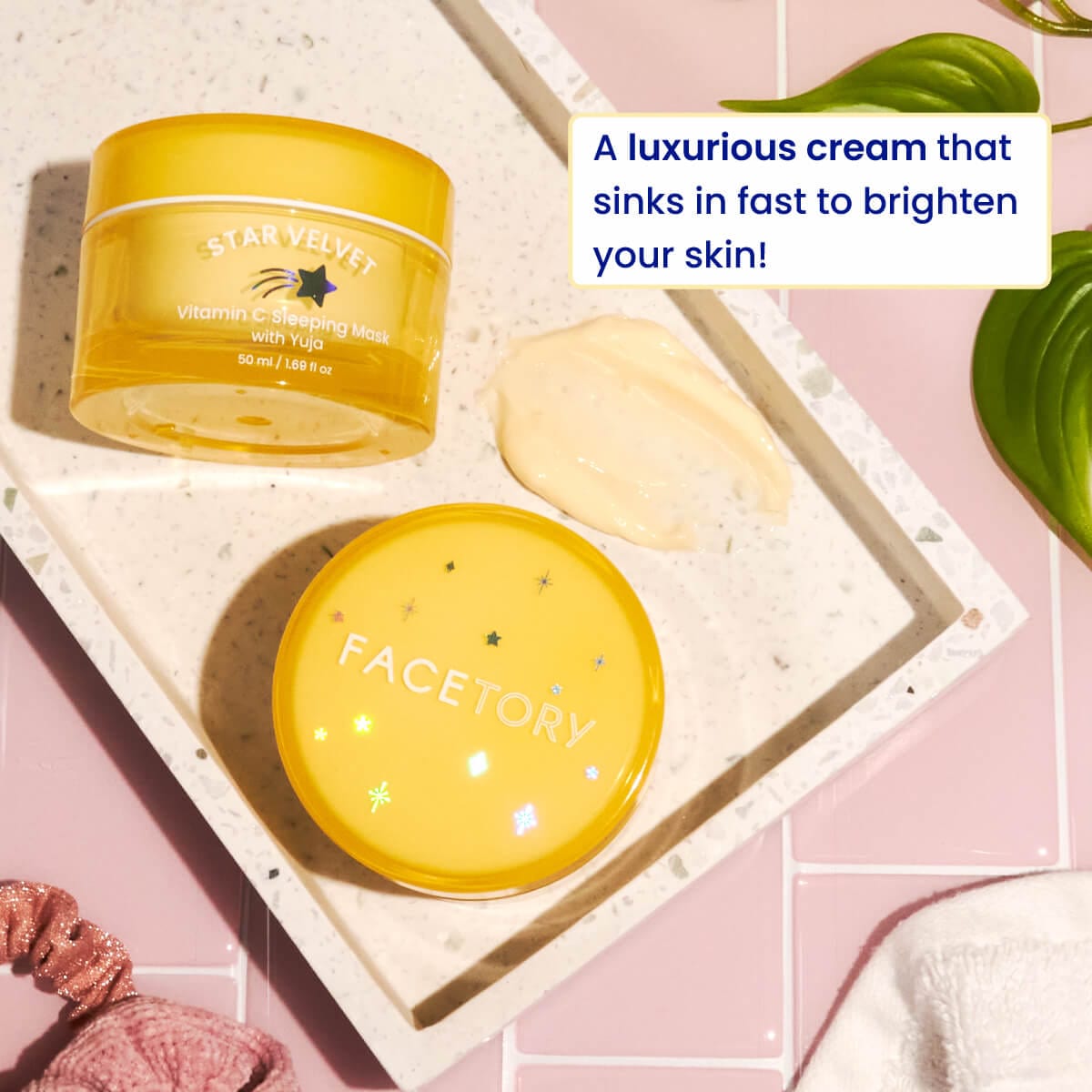 Star Velvet Vitamin C Sleeping Mask with Yuja in a jar, showcasing its creamy texture and bright packaging.