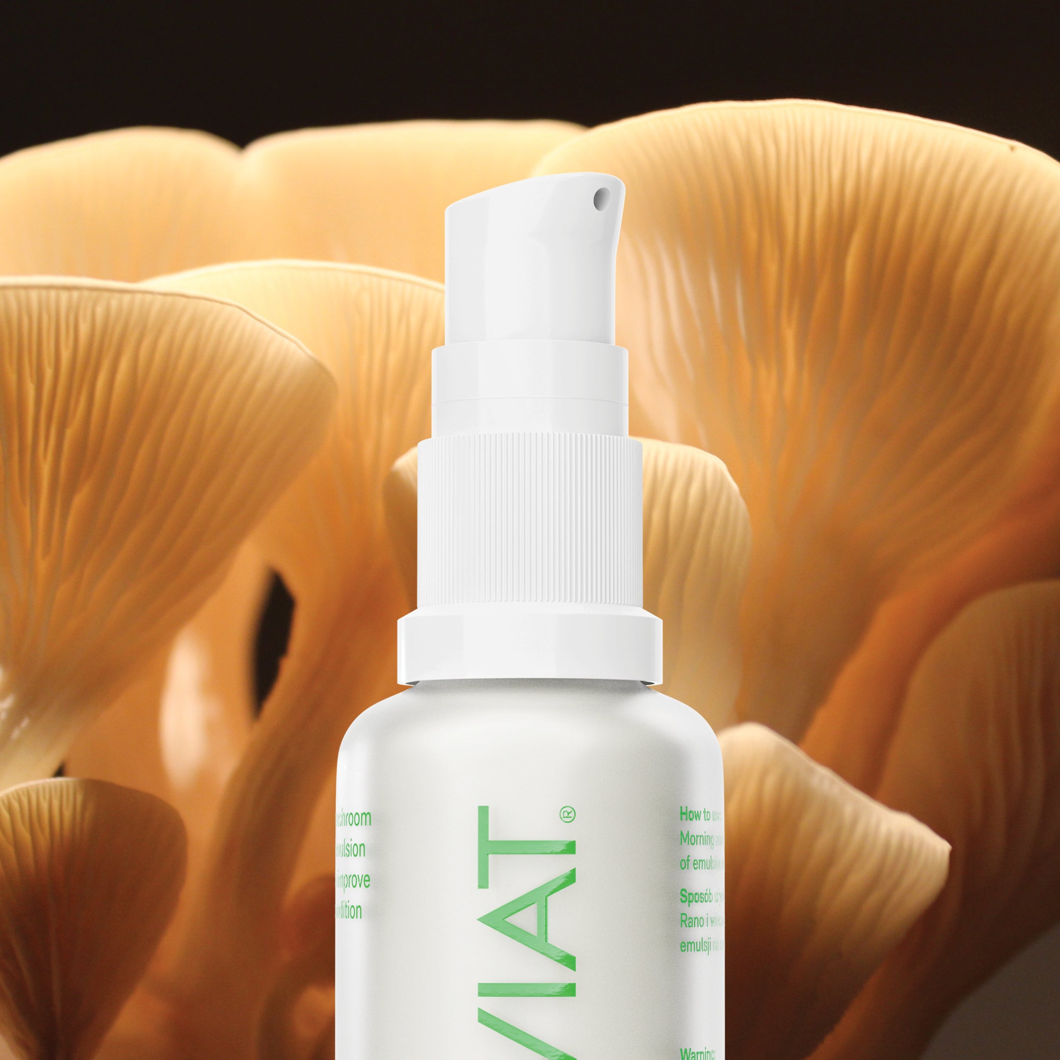 A bottle of Super Mushroom Facial Emulsion featuring a creamy texture, showcasing its natural ingredients and eco-friendly packaging.