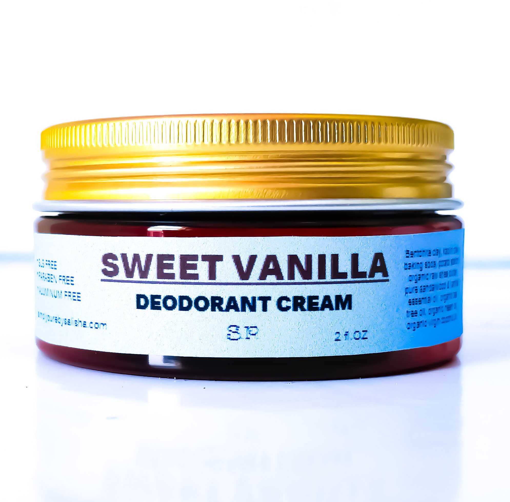 A jar of Sweet Vanilla Deodorant Cream with a creamy texture, featuring natural ingredients like vanilla and tea tree oil, ideal for sensitive skin.