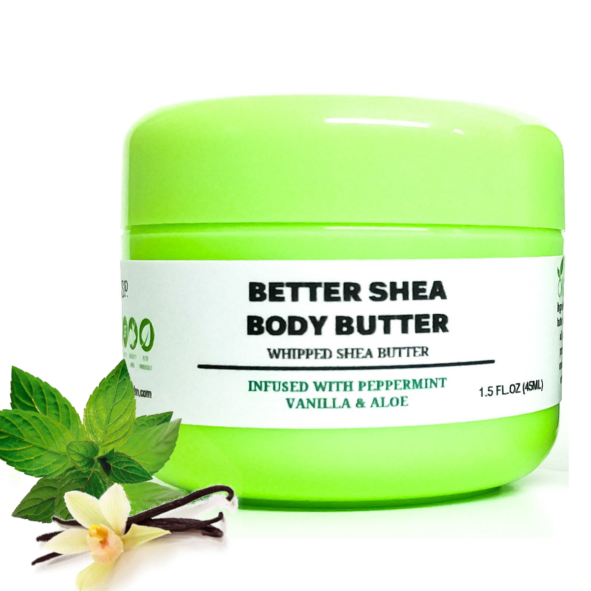 A jar of Sweet Vanilla Mint Body Butter with a creamy texture, surrounded by fresh peppermint leaves and vanilla pods, showcasing its natural ingredients.