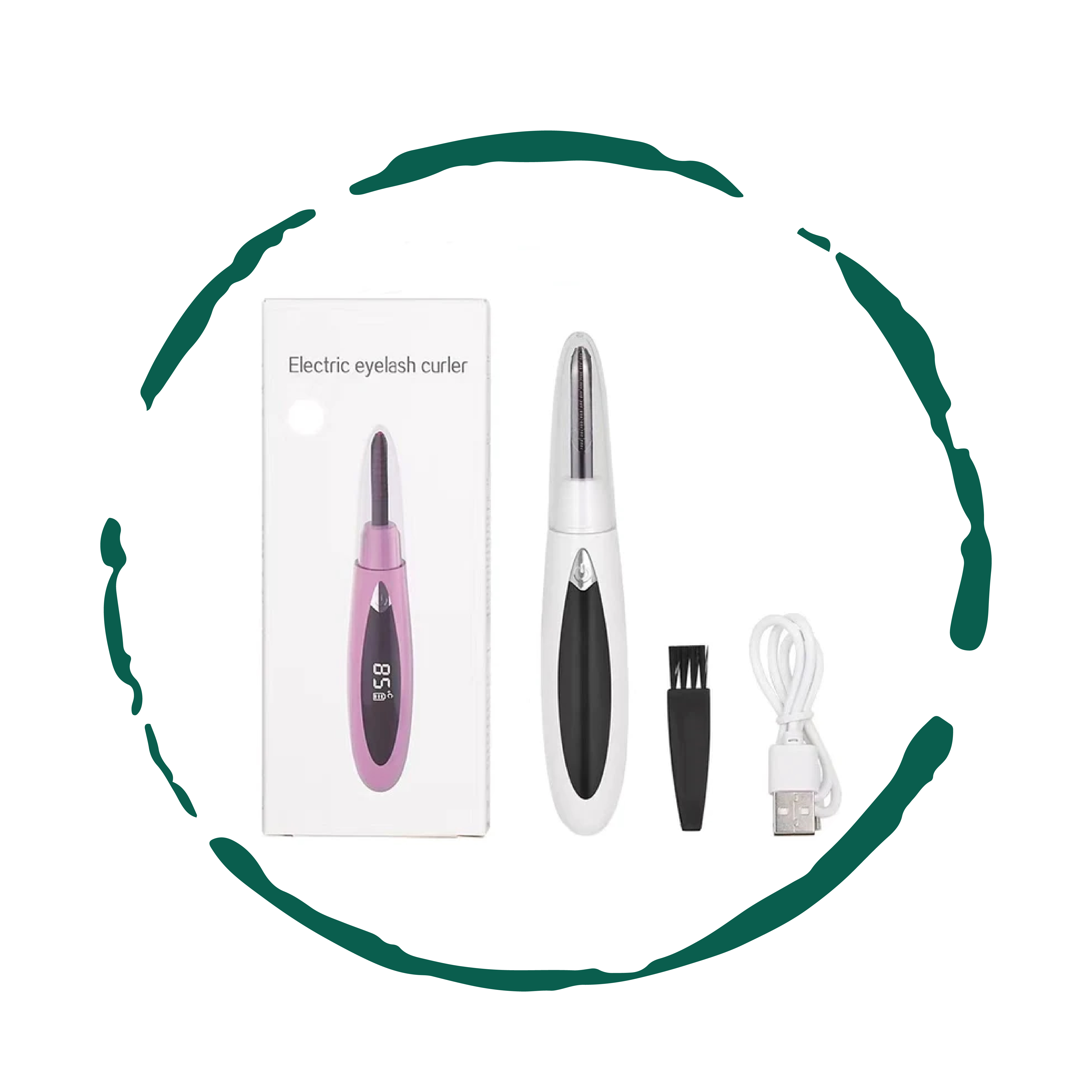 The Effortless Beauty Kit featuring a rechargeable facial hair removal device, electric eyebrow trimmer, and electric eyelash curler, all designed for easy beauty maintenance.